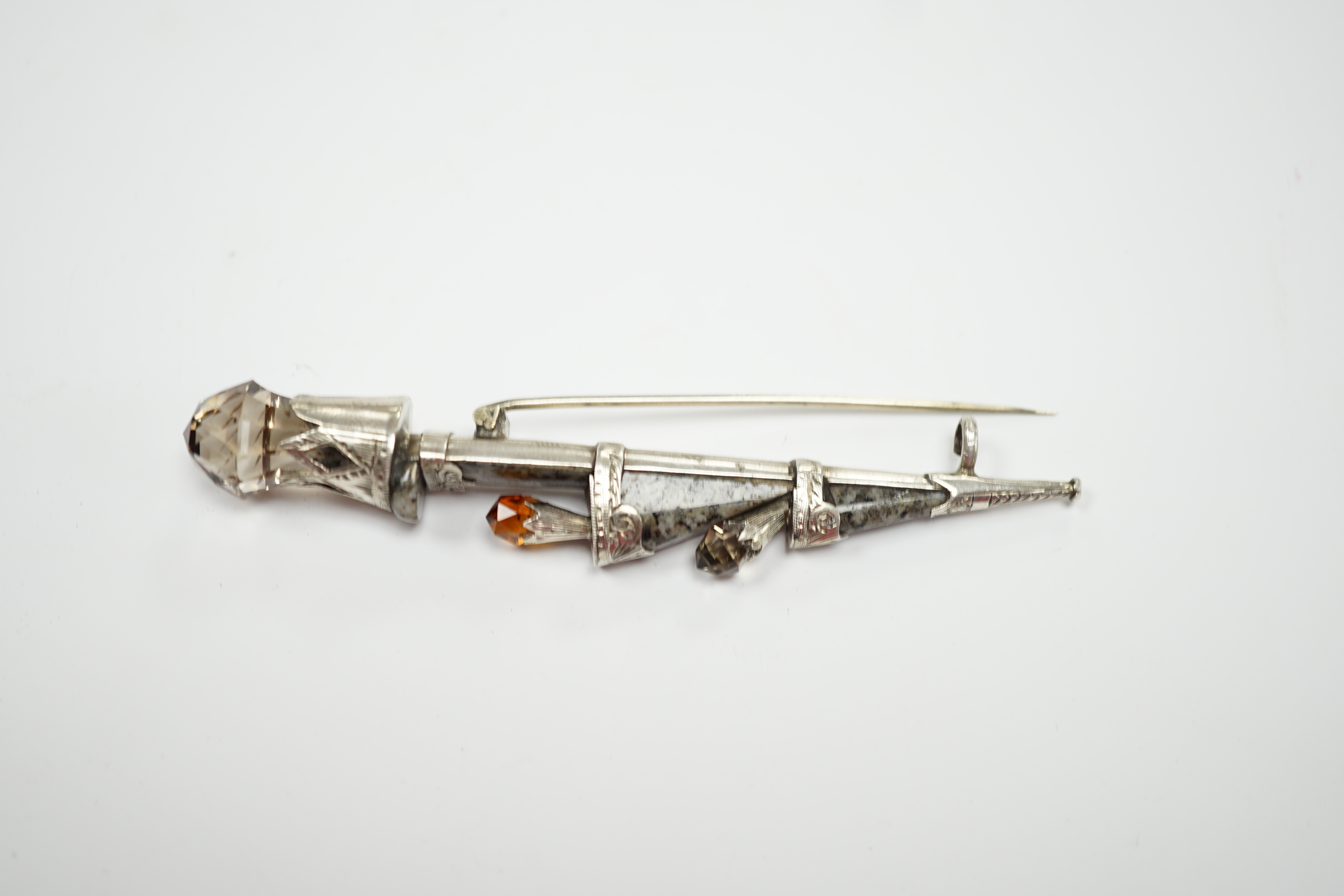 A white metal, Scottish hardstone and gem set dirk brooch, 94mm.